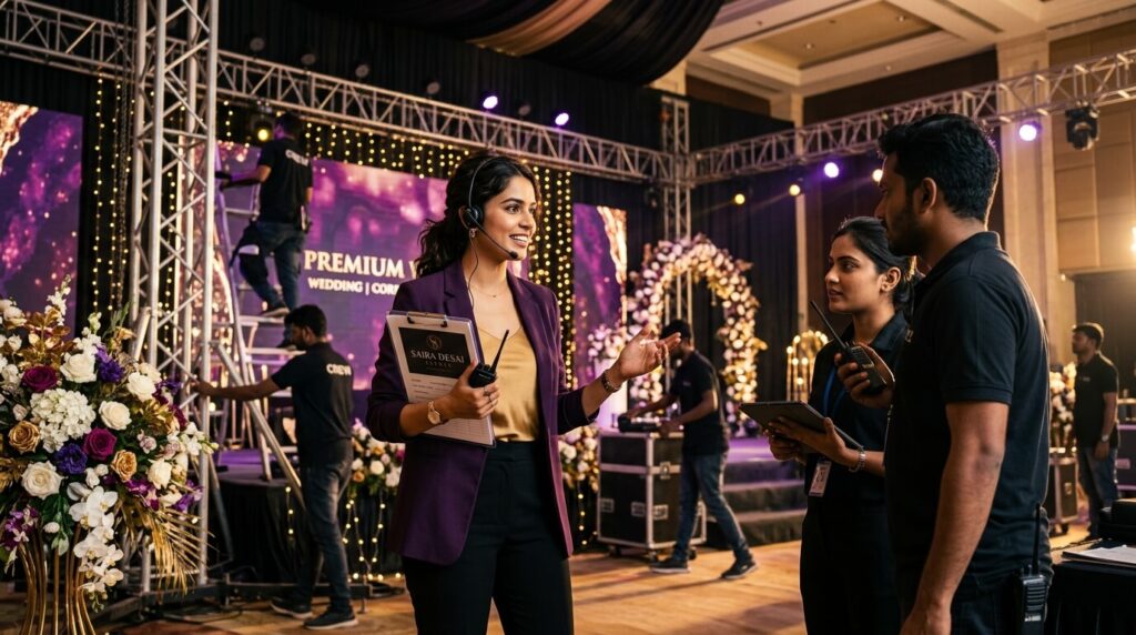 Young Indian event planner managing luxury wedding production backstage