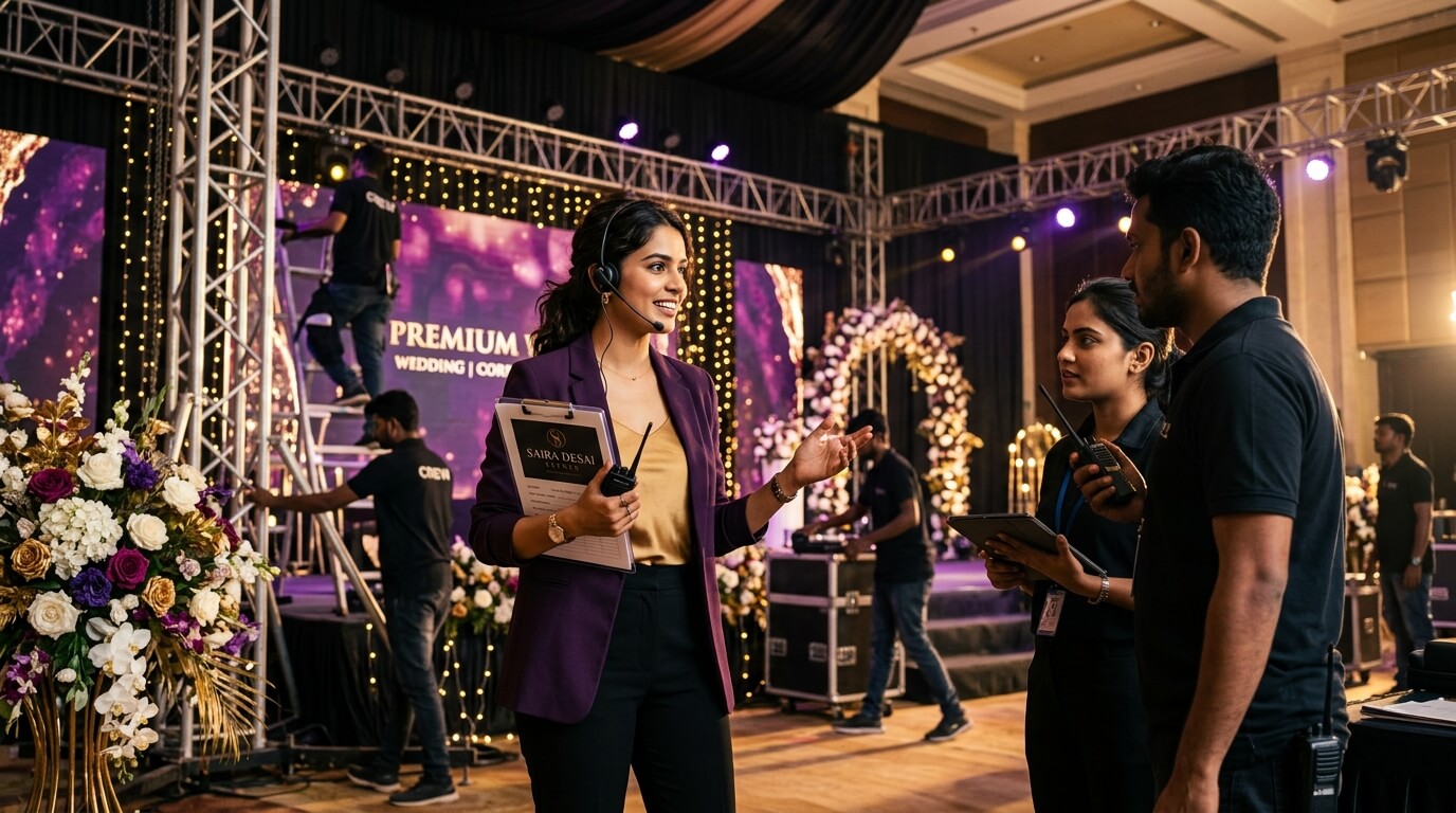 Event management career: Young professional coordinating luxury wedding production backstage in India