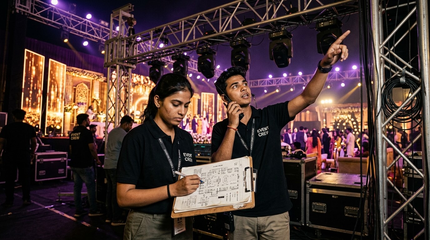 Students learning real backstage event management operations in India