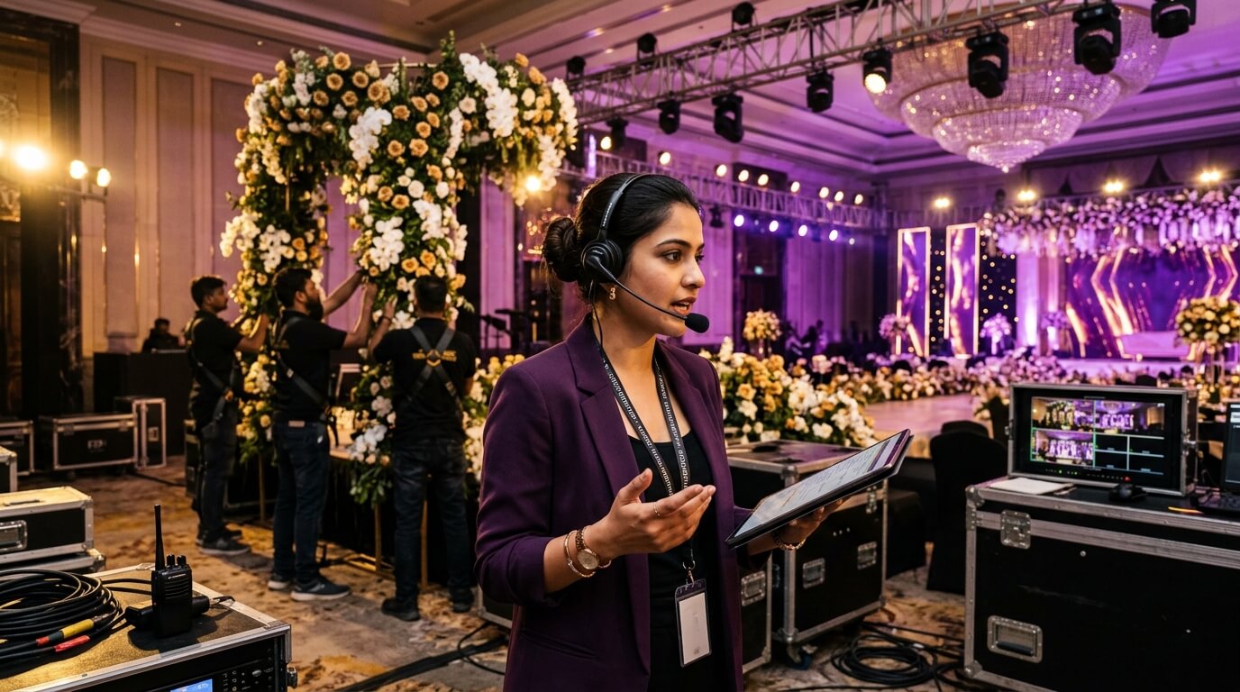 Young Indian event planners managing luxury wedding backstage operations