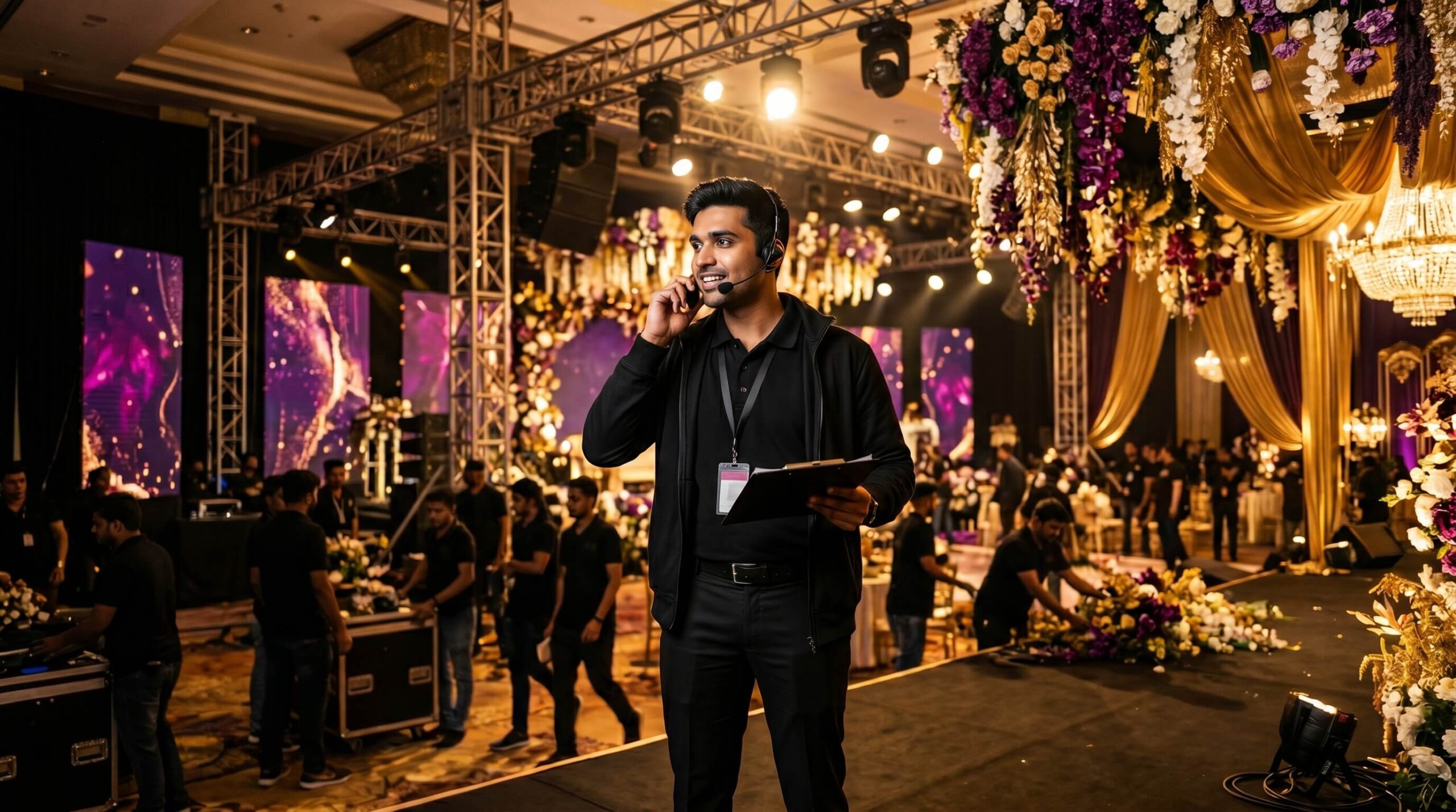 Backstage event team coordinating luxury wedding production in India - Events Expert Academy
